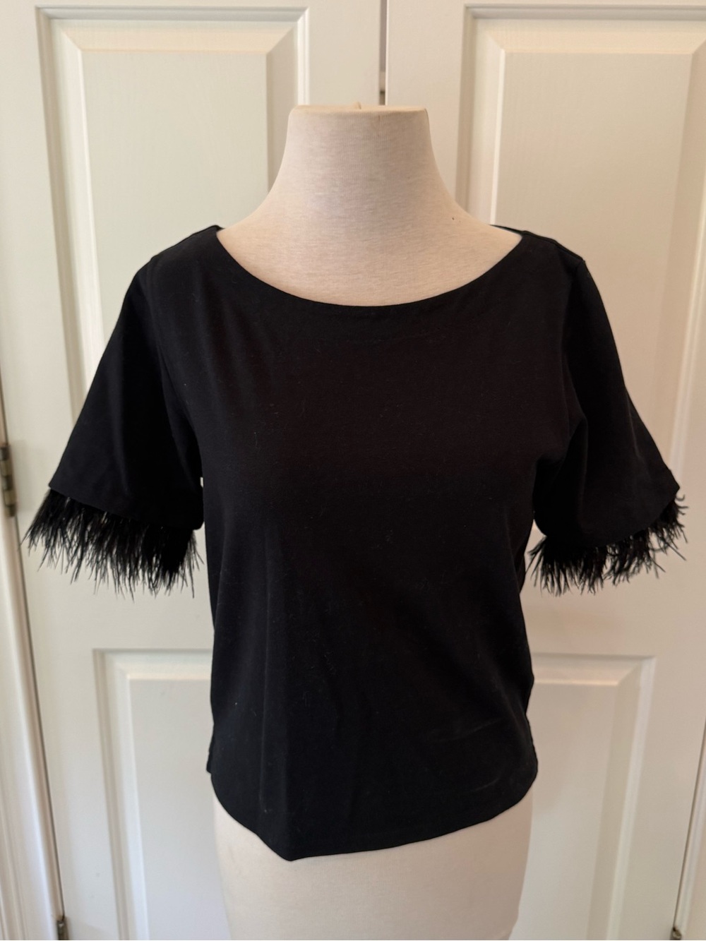 J. Crew Black Short Sleeve Top with Feather Trim